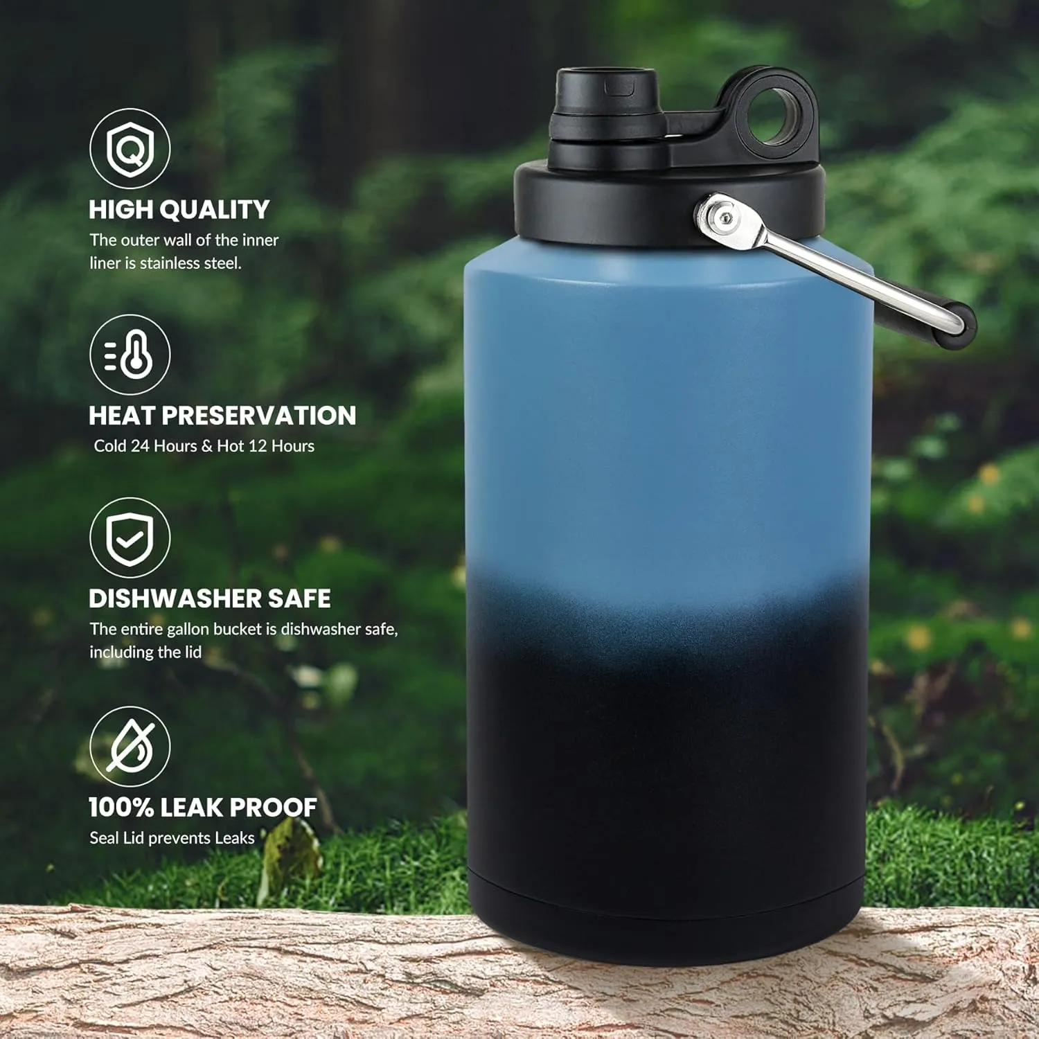 1 Gallon Water Jug Bottle Insulated, 128 oz Stainless Steel Water Bottle Wide Mouth Double Vacuum Dishwasher Safe BPA Free for Hot & Cold Drinks