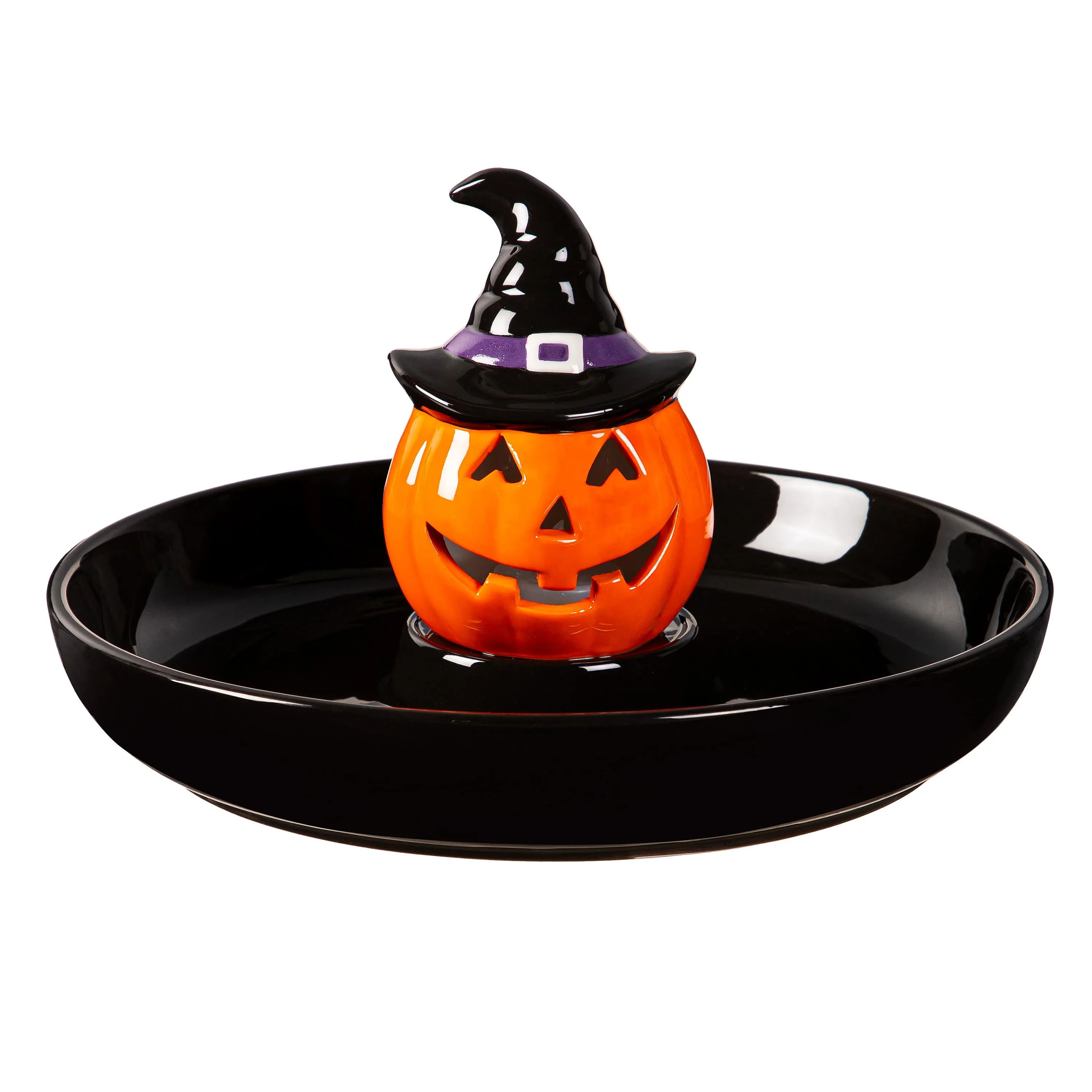 10.25" LED Ceramic Serving Platter, Jack-O-Lantern Pumpkin Witch