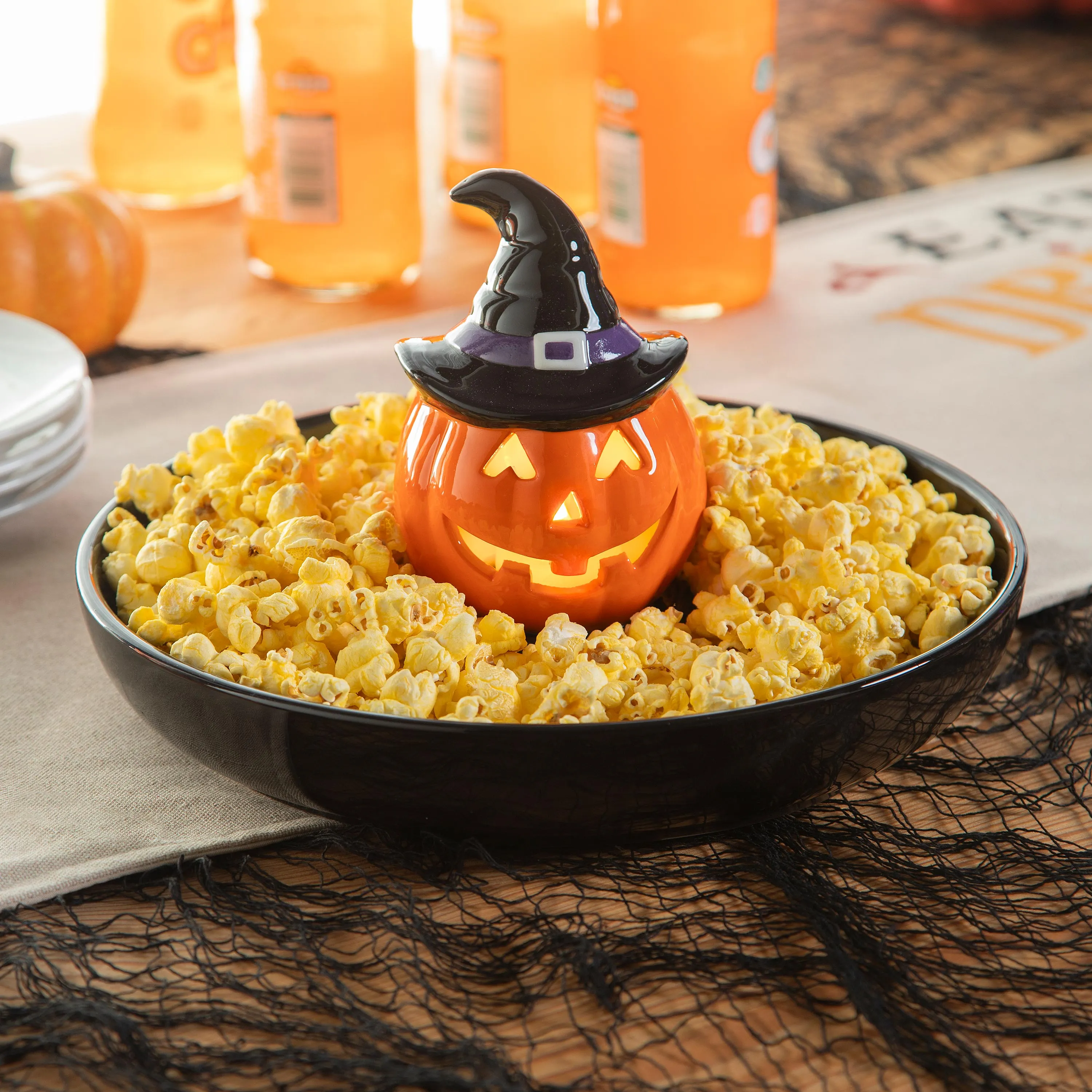10.25" LED Ceramic Serving Platter, Jack-O-Lantern Pumpkin Witch