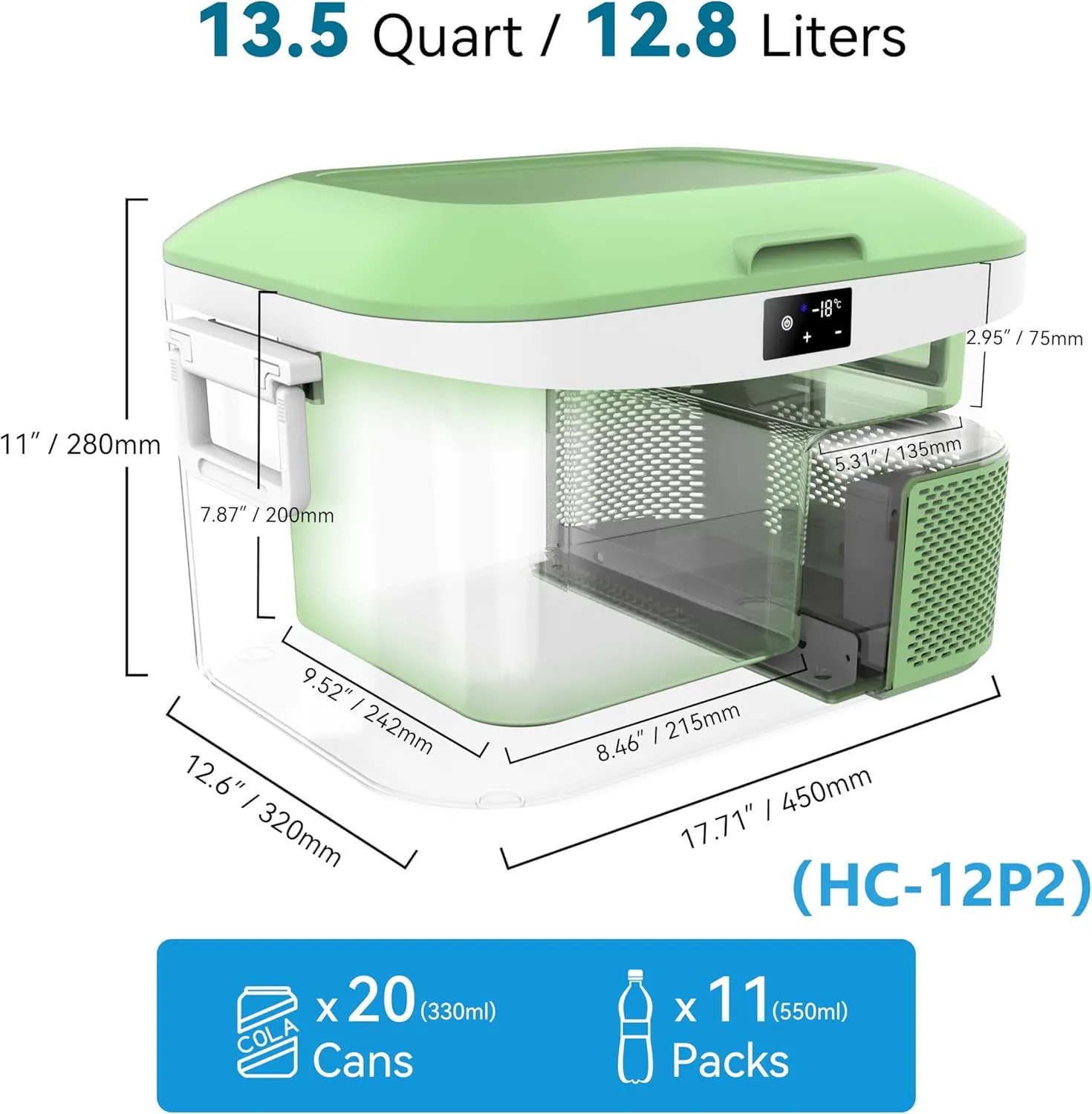 12 Volt Refrigerator Portable Car Freezer 13.5 Quart (12.8 Liter) Compressor Cooler 12V/24V DC 110～240 Volt AC for Truck Van RV Camper SUV Boat Travel Camping Road Trips Tailgating -18℃~ 15℃