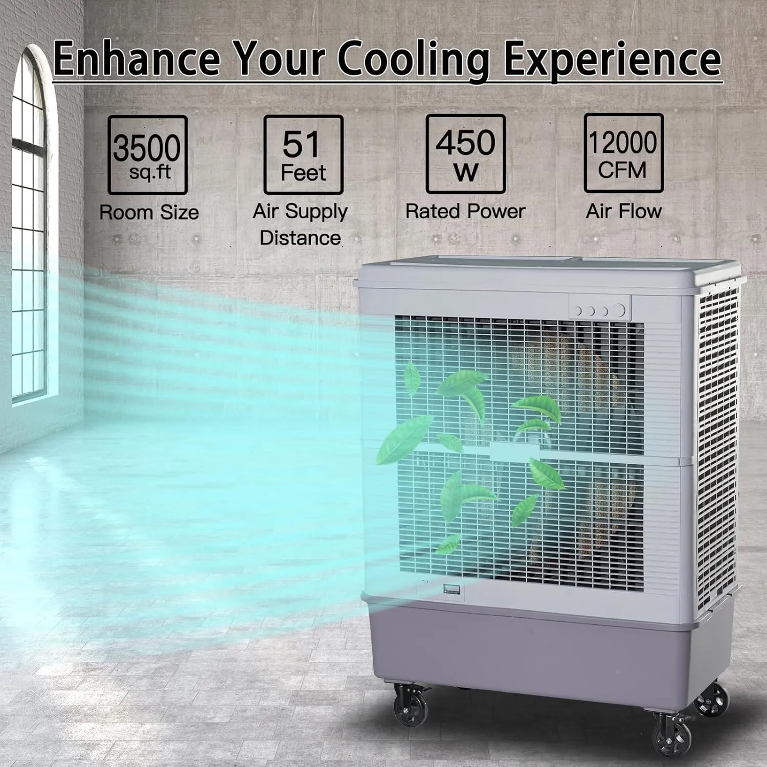 12000 CFM Evaporative Cooler 59", 160L- - 42.3 Gal Tank, 90°Oscillation, 450W 6 Speeds Swamp Water Cooler 120V, Industrial Strength Swamp Cooler for Outdoor Commercial Factories - Gray