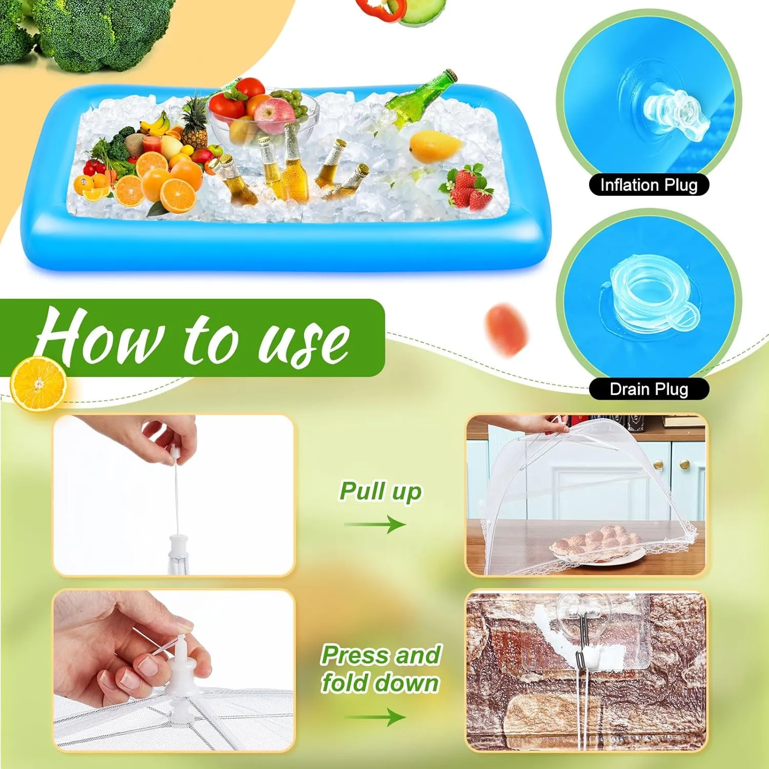 128 Pcs Inflatable Cooler for Parties 2 Inflatable Serving Bars Buffet Cooler for Parties 3 Food Cover 6 Salad Bowl 12 Serving Utensils 5 Plastic Appetizer Tray 100 Labels(Blue)