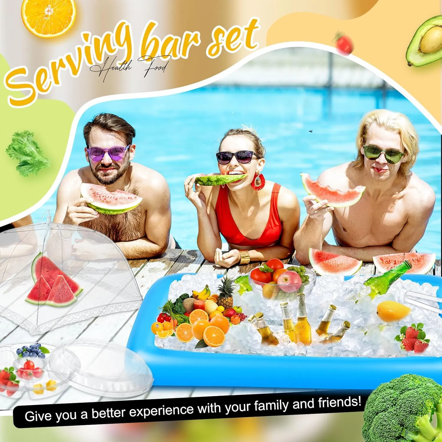 128 Pcs Inflatable Cooler for Parties 2 Inflatable Serving Bars Buffet Cooler for Parties 3 Food Cover 6 Salad Bowl 12 Serving Utensils 5 Plastic Appetizer Tray 100 Labels(Blue)