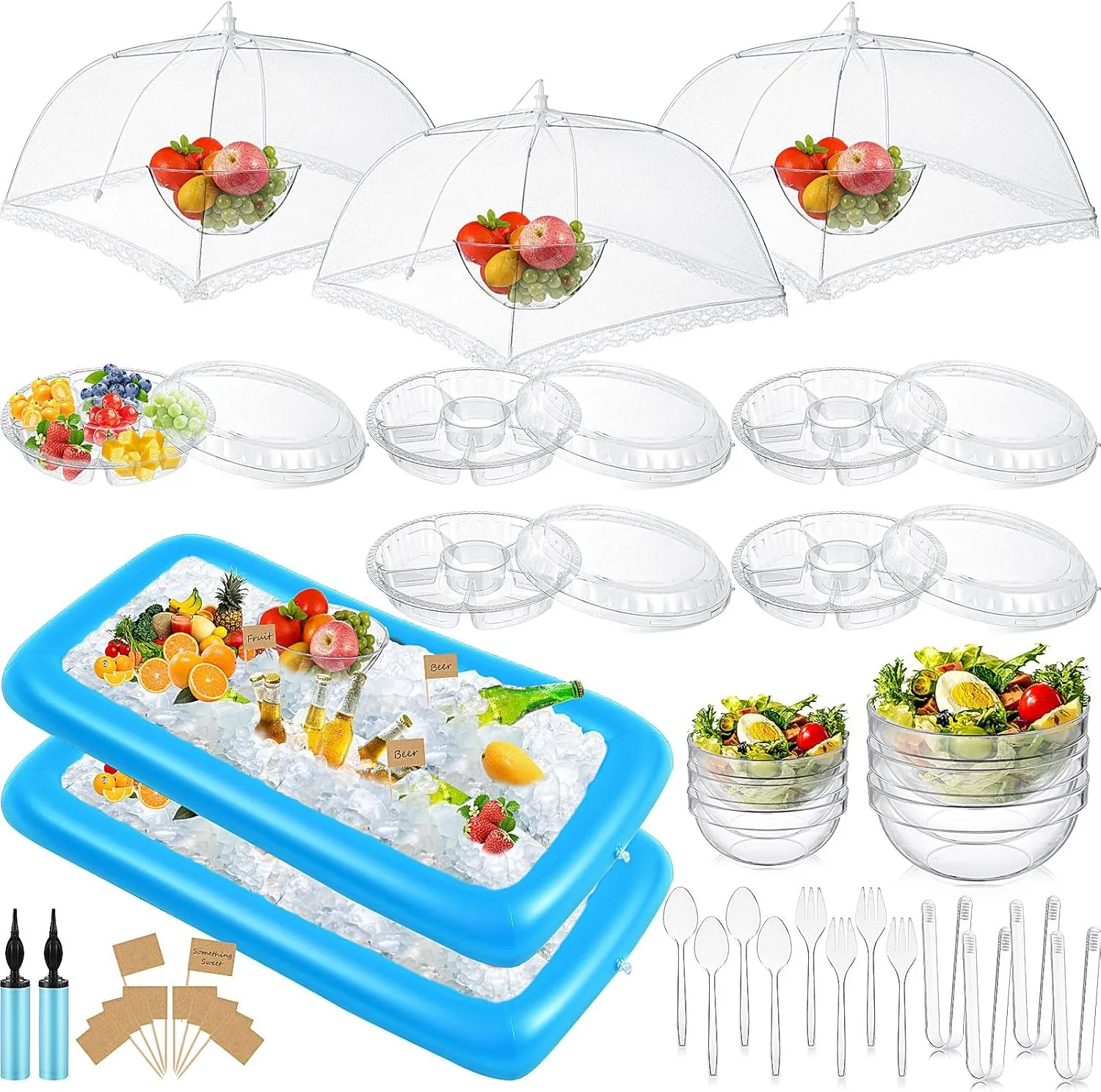 128 Pcs Inflatable Cooler for Parties 2 Inflatable Serving Bars Buffet Cooler for Parties 3 Food Cover 6 Salad Bowl 12 Serving Utensils 5 Plastic Appetizer Tray 100 Labels(Blue)