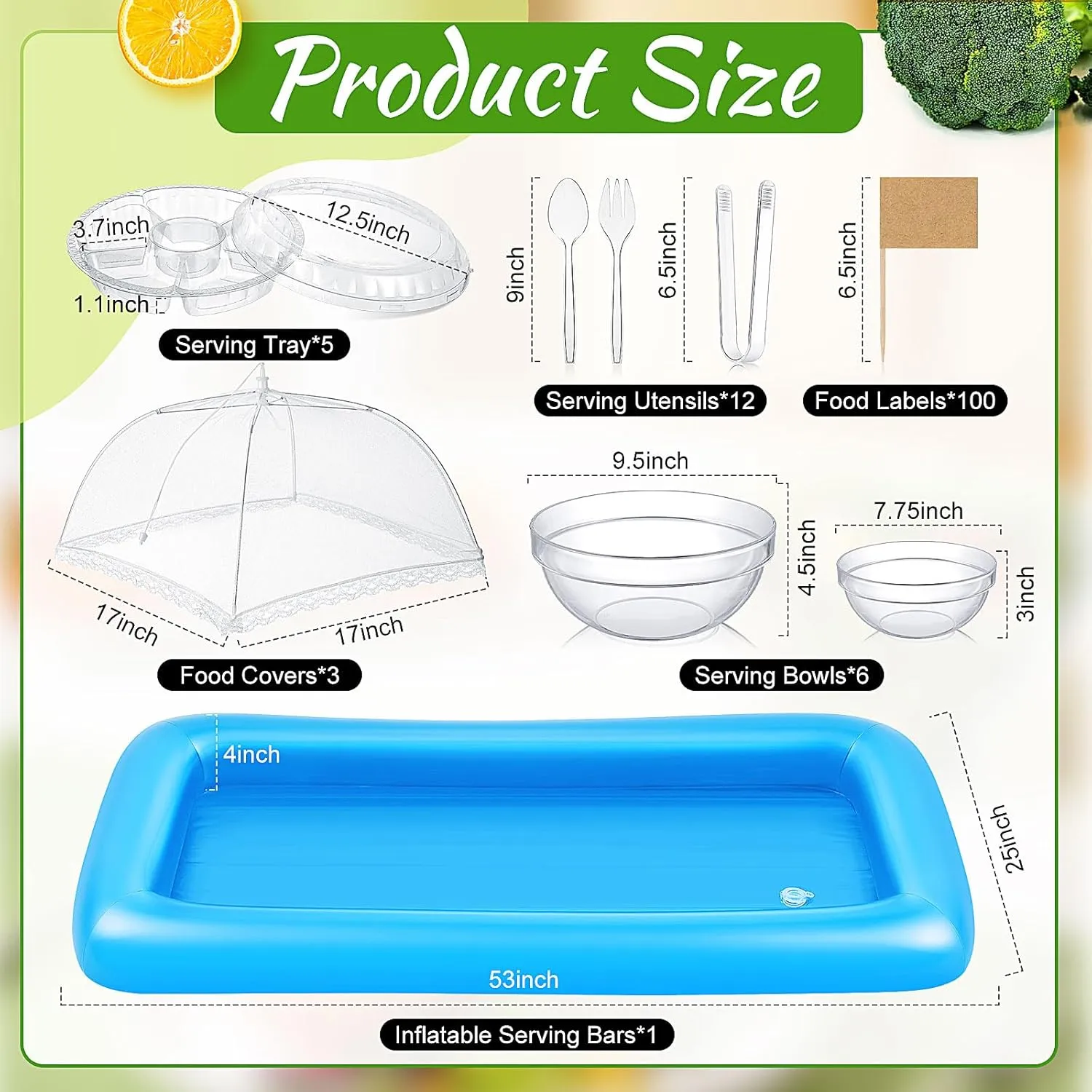 128 Pcs Inflatable Cooler for Parties 2 Inflatable Serving Bars Buffet Cooler for Parties 3 Food Cover 6 Salad Bowl 12 Serving Utensils 5 Plastic Appetizer Tray 100 Labels(Blue)