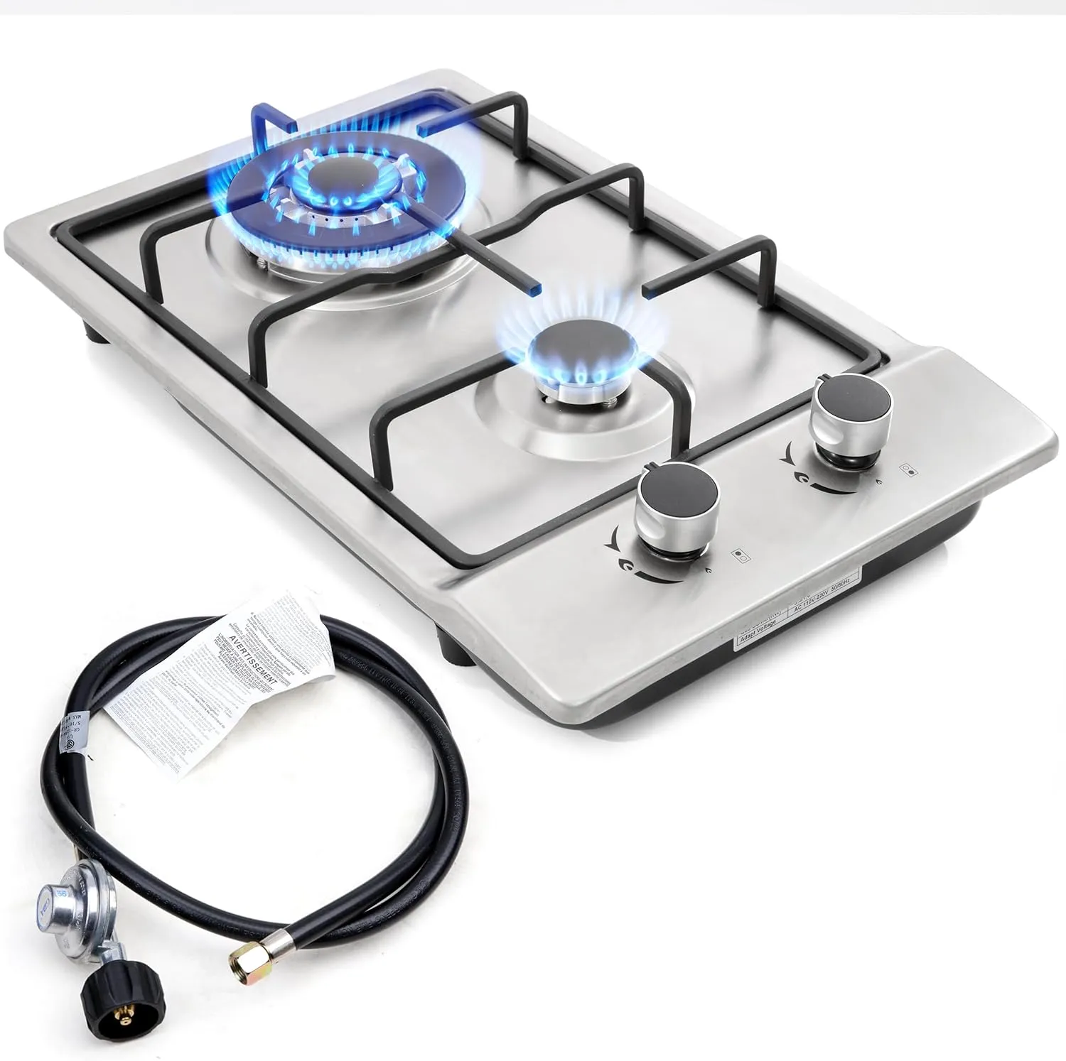 12" Gas Cooktops, 2 Burner Drop-in Propane/Natural Gas Cooker, 12 Inch Stainless Steel Gas Stove Top Dual Fuel Easy to Clean (12Wx20L)