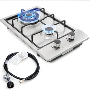12" Gas Cooktops, 2 Burner Drop-in Propane/Natural Gas Cooker, 12 Inch Stainless Steel Gas Stove Top Dual Fuel Easy to Clean (12Wx20L)