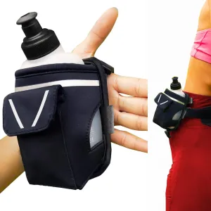 2-in-1 Running Fun – Handheld 12 Oz Water Bottle & Running Belt Add-On – No-Grip Design, Straps on Hand & Slides on Belt, Waterproof Pocket for Money, Keys, Gels – Maximize Time, Freedom & Health