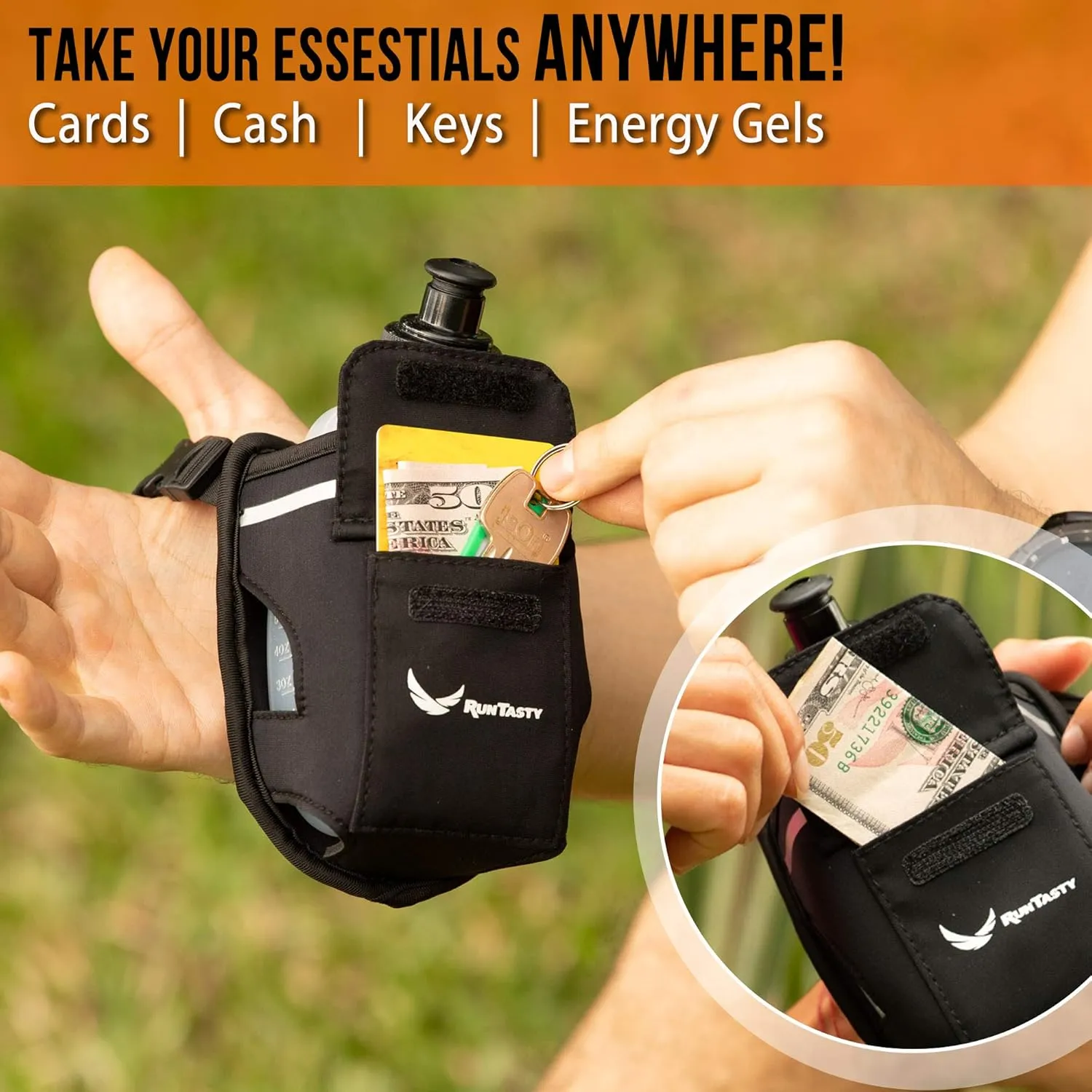 2-in-1 Running Fun – Handheld 12 Oz Water Bottle & Running Belt Add-On – No-Grip Design, Straps on Hand & Slides on Belt, Waterproof Pocket for Money, Keys, Gels – Maximize Time, Freedom & Health