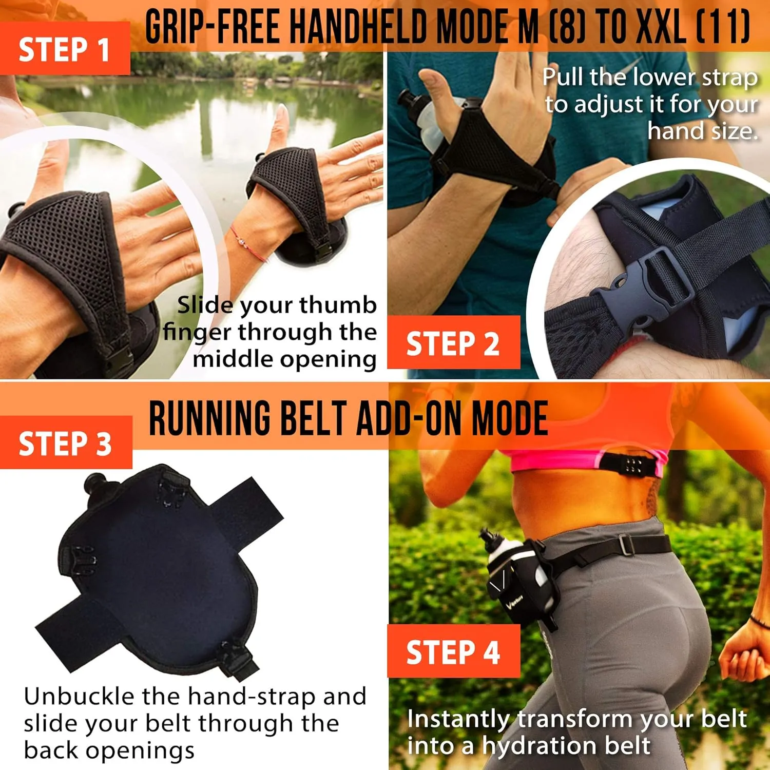 2-in-1 Running Fun – Handheld 12 Oz Water Bottle & Running Belt Add-On – No-Grip Design, Straps on Hand & Slides on Belt, Waterproof Pocket for Money, Keys, Gels – Maximize Time, Freedom & Health