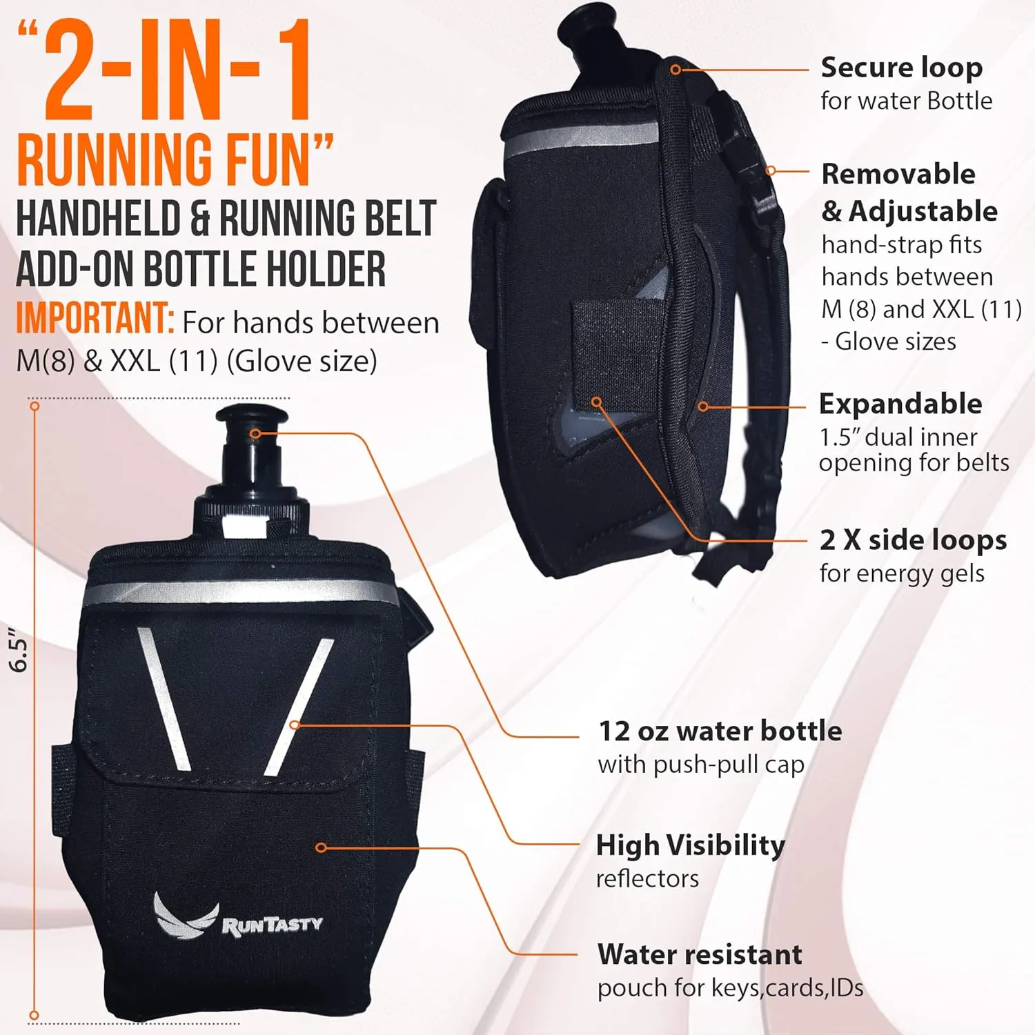 2-in-1 Running Fun – Handheld 12 Oz Water Bottle & Running Belt Add-On – No-Grip Design, Straps on Hand & Slides on Belt, Waterproof Pocket for Money, Keys, Gels – Maximize Time, Freedom & Health