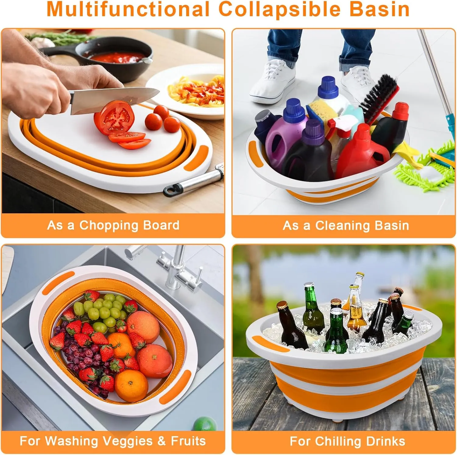 2 Pack Collapsible Wash Basin for Baby Bottles, 2 Gal Portable Sink Basin Cutting Board for RV Home Kitchen, Foldable Dish Pan Ice Beverage Tubs Cleaning Supplies for Outdoor Camping Veggies Washing