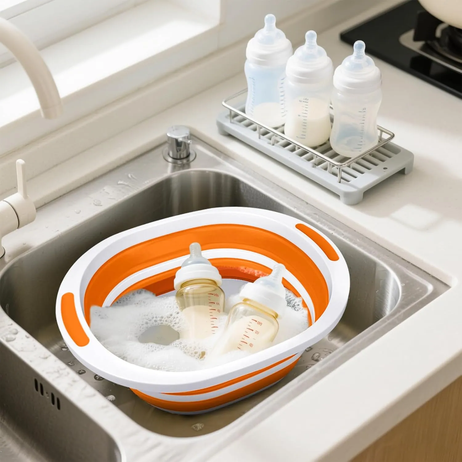 2 Pack Collapsible Wash Basin for Baby Bottles, 2 Gal Portable Sink Basin Cutting Board for RV Home Kitchen, Foldable Dish Pan Ice Beverage Tubs Cleaning Supplies for Outdoor Camping Veggies Washing