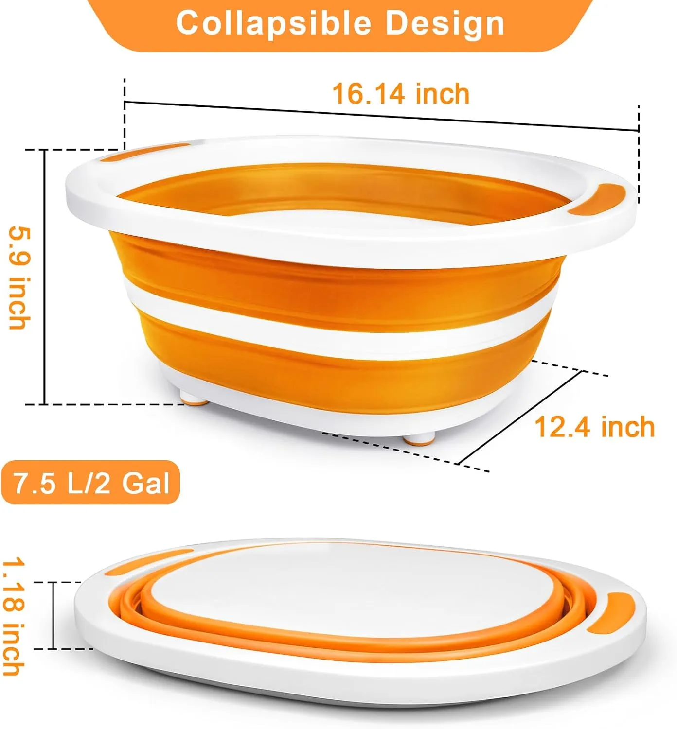 2 Pack Collapsible Wash Basin for Baby Bottles, 2 Gal Portable Sink Basin Cutting Board for RV Home Kitchen, Foldable Dish Pan Ice Beverage Tubs Cleaning Supplies for Outdoor Camping Veggies Washing
