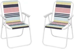 2 Pcs Folding Beach & Camping Chairs, Multicolor Striped Webbed High Back Steel Frame, Portable & Easy to Fold, 220 lbs Capacity