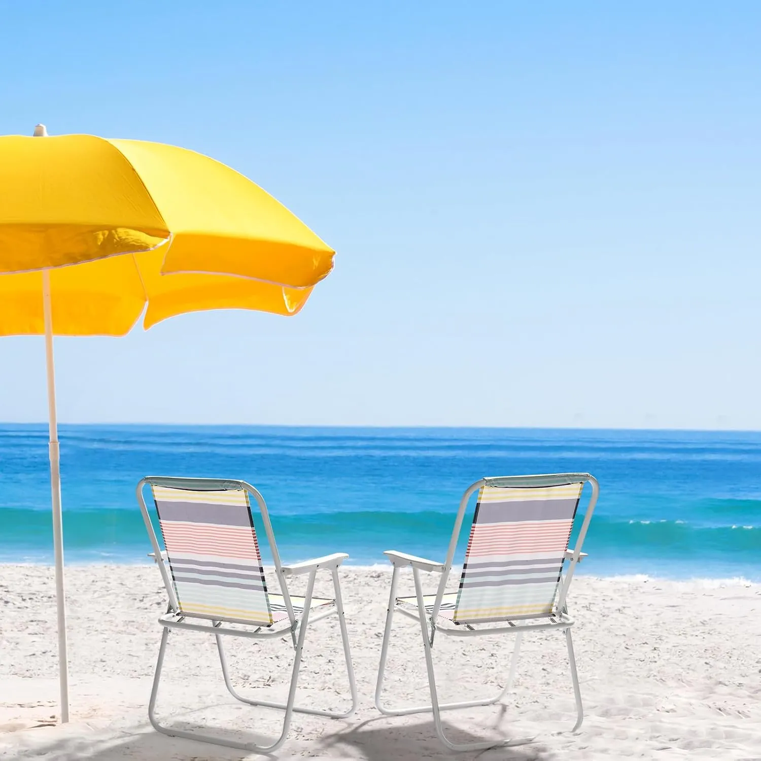 2 Pcs Folding Beach & Camping Chairs, Multicolor Striped Webbed High Back Steel Frame, Portable & Easy to Fold, 220 lbs Capacity
