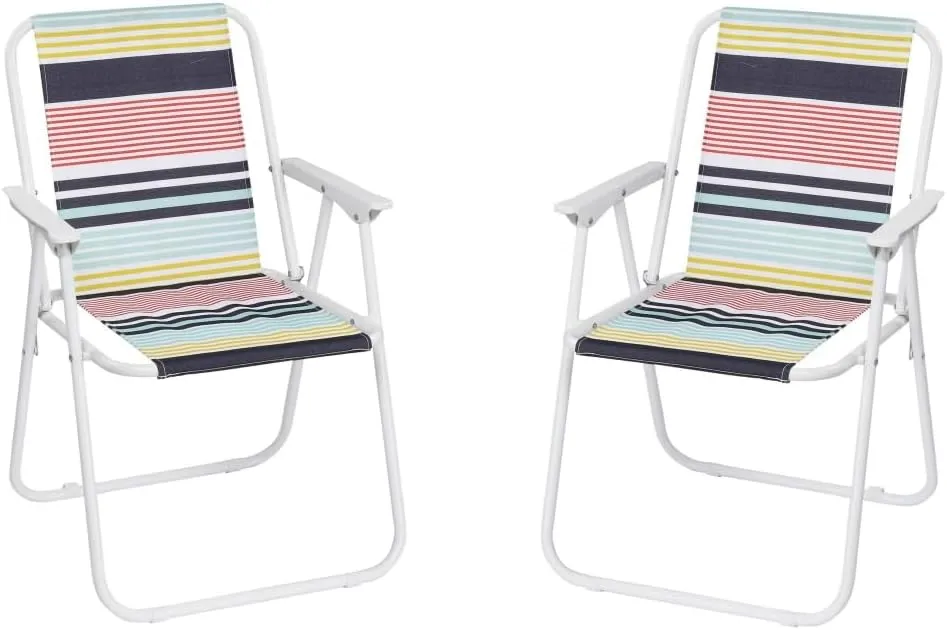 2 Pcs Folding Beach & Camping Chairs, Multicolor Striped Webbed High Back Steel Frame, Portable & Easy to Fold, 220 lbs Capacity