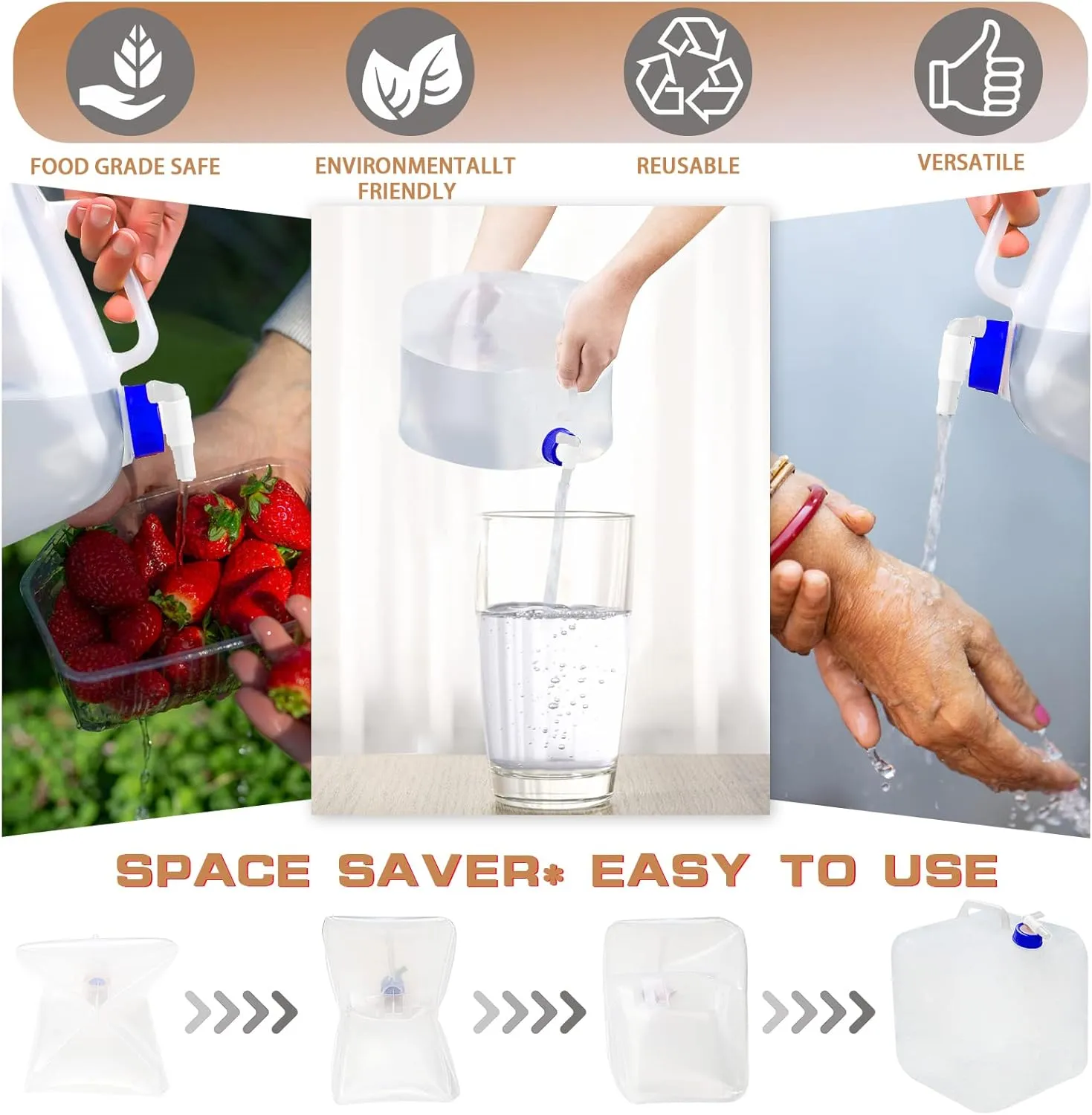 2 Pcs Water Bag Water Container 3.96 Gallon, BPA Free Foldable Water Storage Cube for Hiking, Camping, Driking, Outdoors,indoors,Emergency