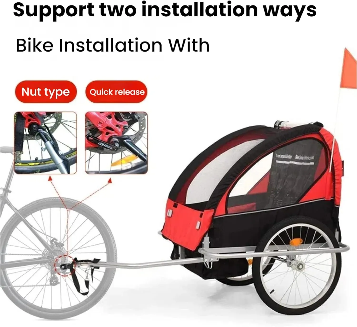 2-Seat Bicycle Trailer for Parent-Child Cycling Foldable Bike Carrier with Safety Flag, Quick-Release Hitch