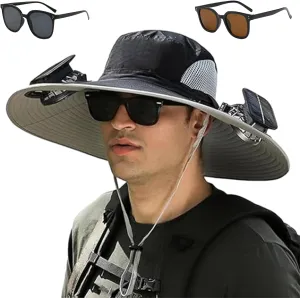 2025 New Solar Powered Fan hat, Wide Brim Solar Fan Hat USB Charging, for Men Fishing Camping UPF 50 