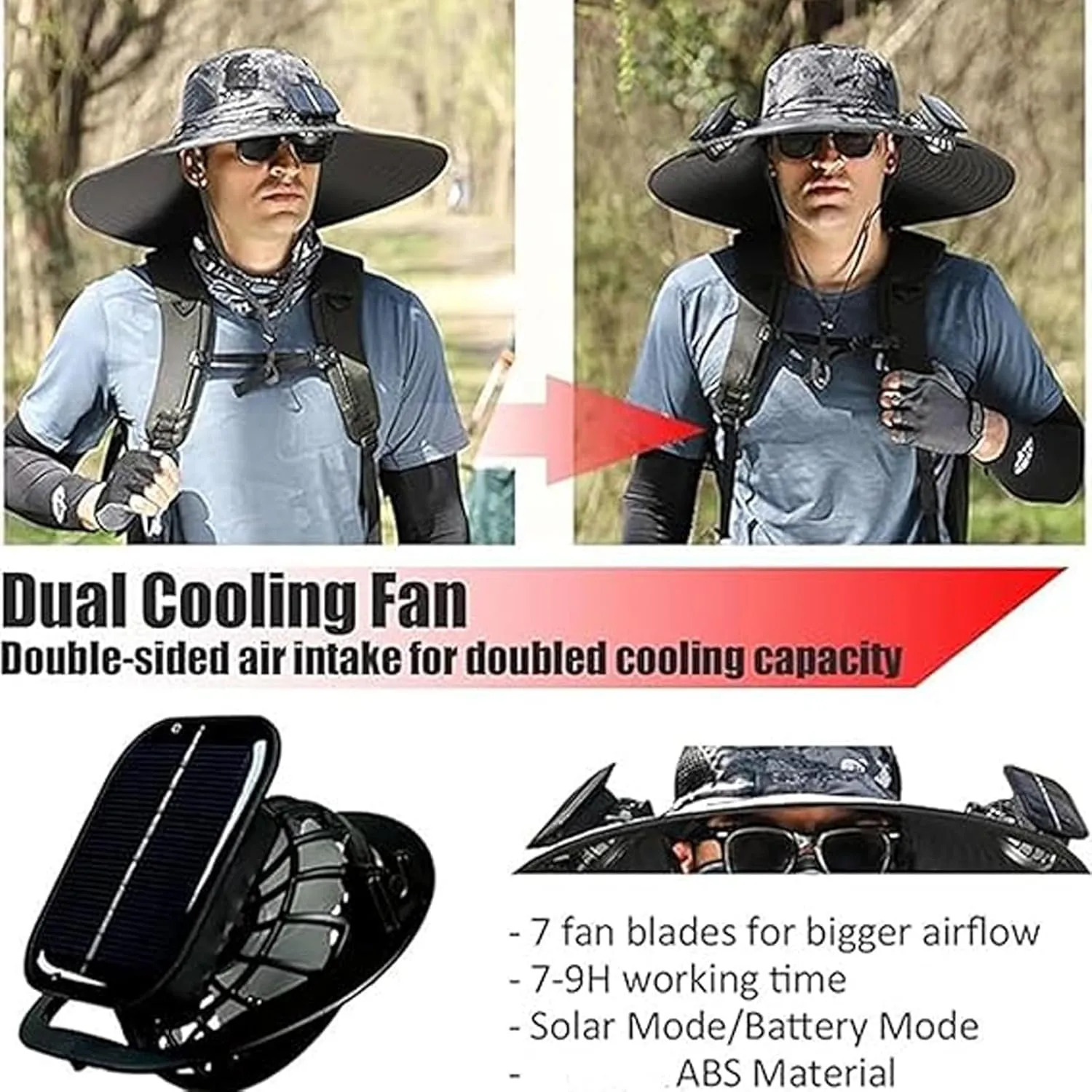 2025 New Solar Powered Fan hat, Wide Brim Solar Fan Hat USB Charging, for Men Fishing Camping UPF 50 