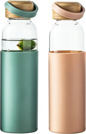 21oz Borosilicate Glass Water Bottle with Non-Slip Sleeve & Leak-Proof Lid-Reusable Drink Bottle for Office,Travel,Gym,Hiking-Ideal Gift for Home,Car & Fitness Enthusiasts (Pink Green)