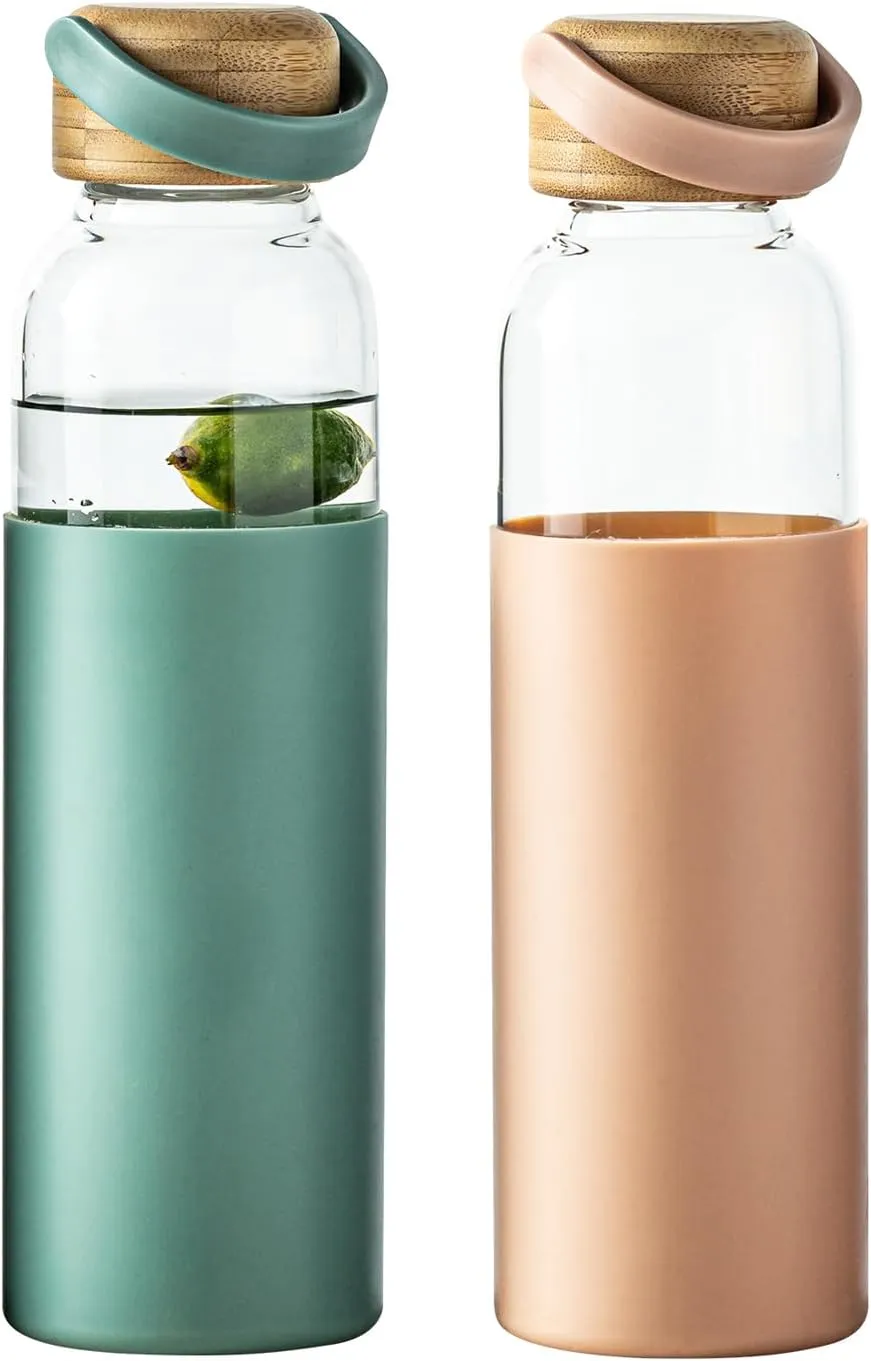 21oz Borosilicate Glass Water Bottle with Non-Slip Sleeve & Leak-Proof Lid-Reusable Drink Bottle for Office,Travel,Gym,Hiking-Ideal Gift for Home,Car & Fitness Enthusiasts (Pink Green)