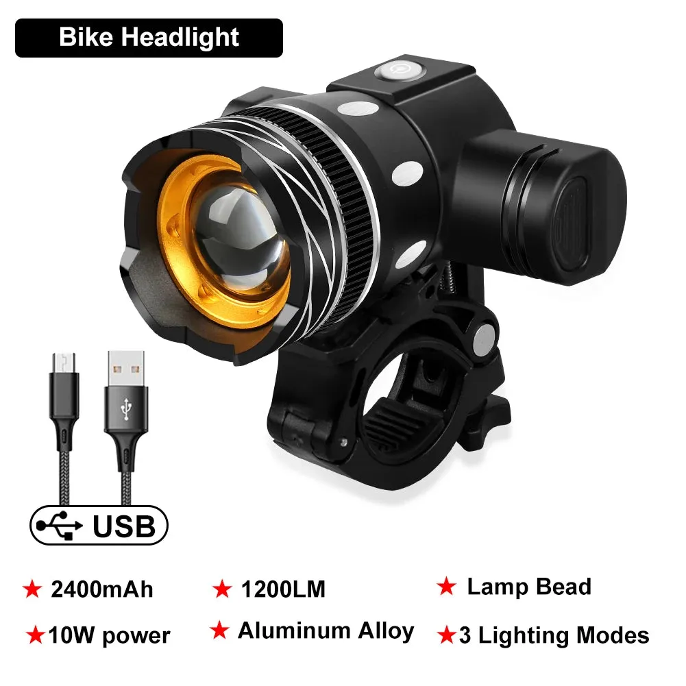 2400mAh USB Rechargeable LED Bicycle Front Light - Aluminum Alloy MTB Headlight and Taillight Lantern