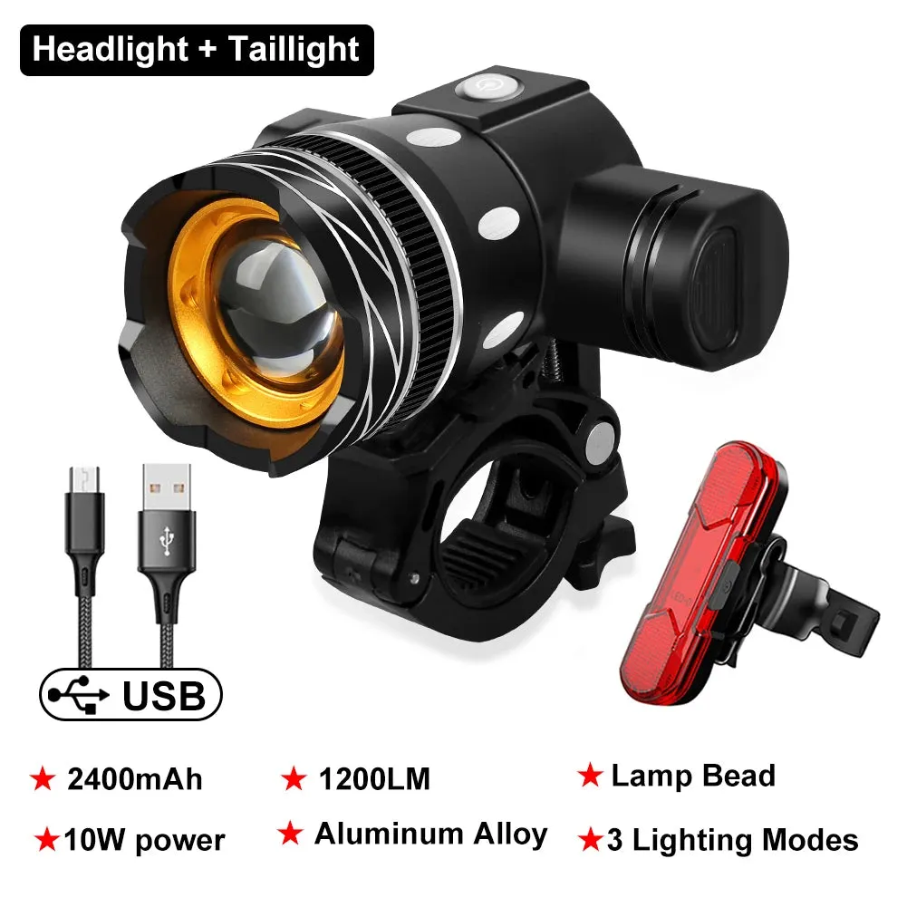 2400mAh USB Rechargeable LED Bicycle Front Light - Aluminum Alloy MTB Headlight and Taillight Lantern