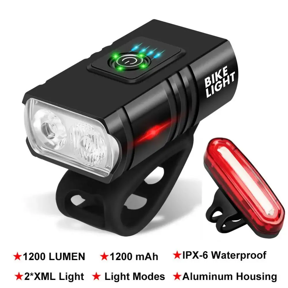 2400mAh USB Rechargeable LED Bicycle Front Light - Aluminum Alloy MTB Headlight and Taillight Lantern