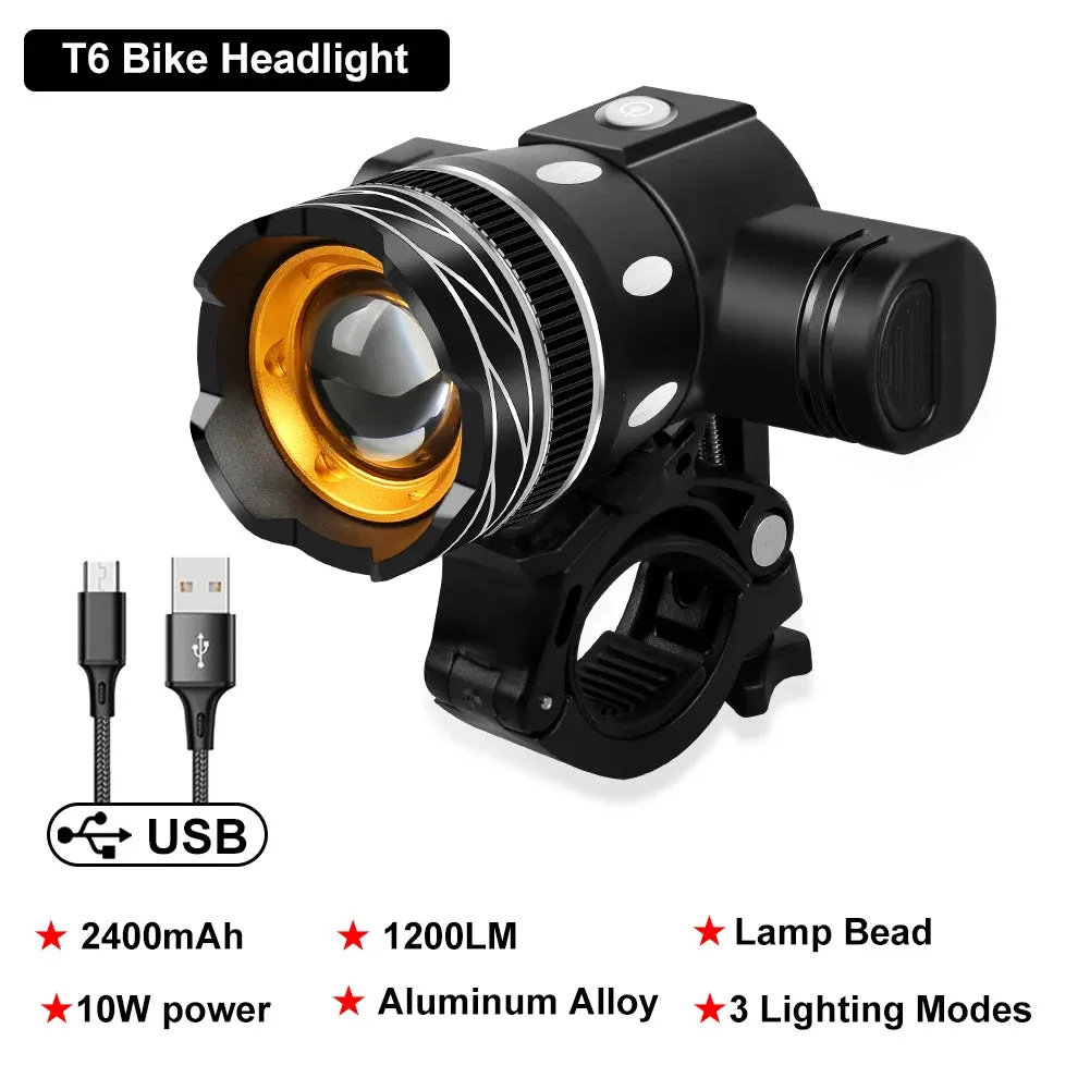 2400mAh USB Rechargeable LED Bicycle Front Light - Aluminum Alloy MTB Headlight and Taillight Lantern