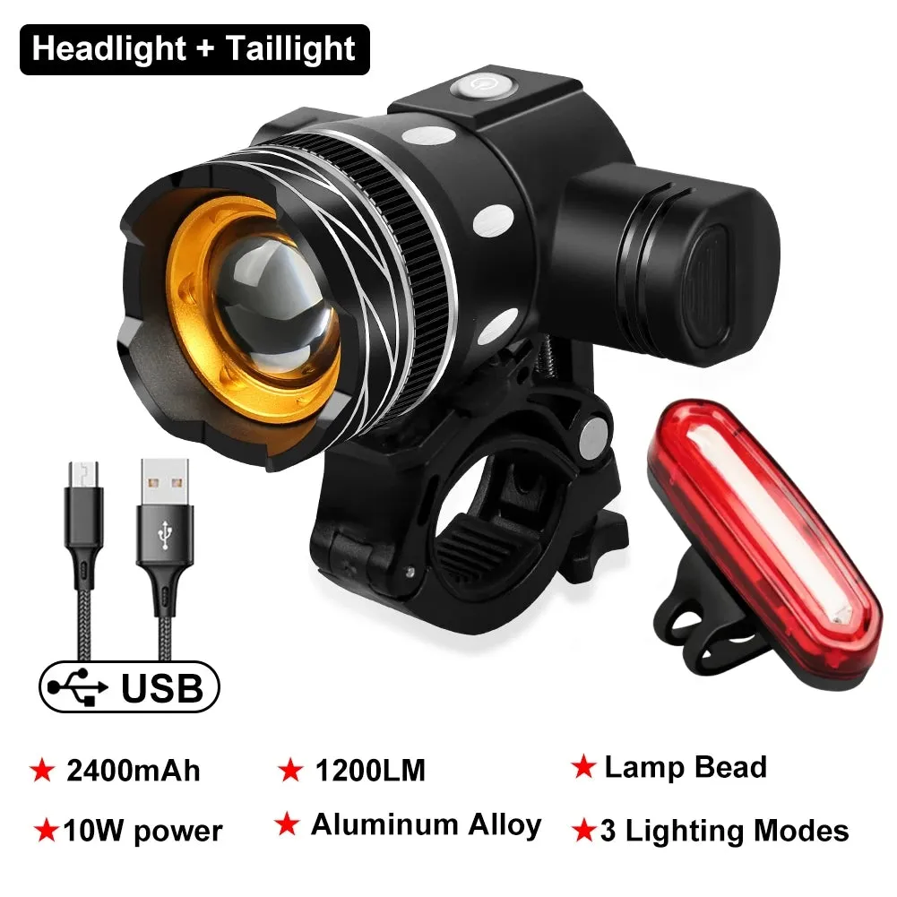 2400mAh USB Rechargeable LED Bicycle Front Light - Aluminum Alloy MTB Headlight and Taillight Lantern