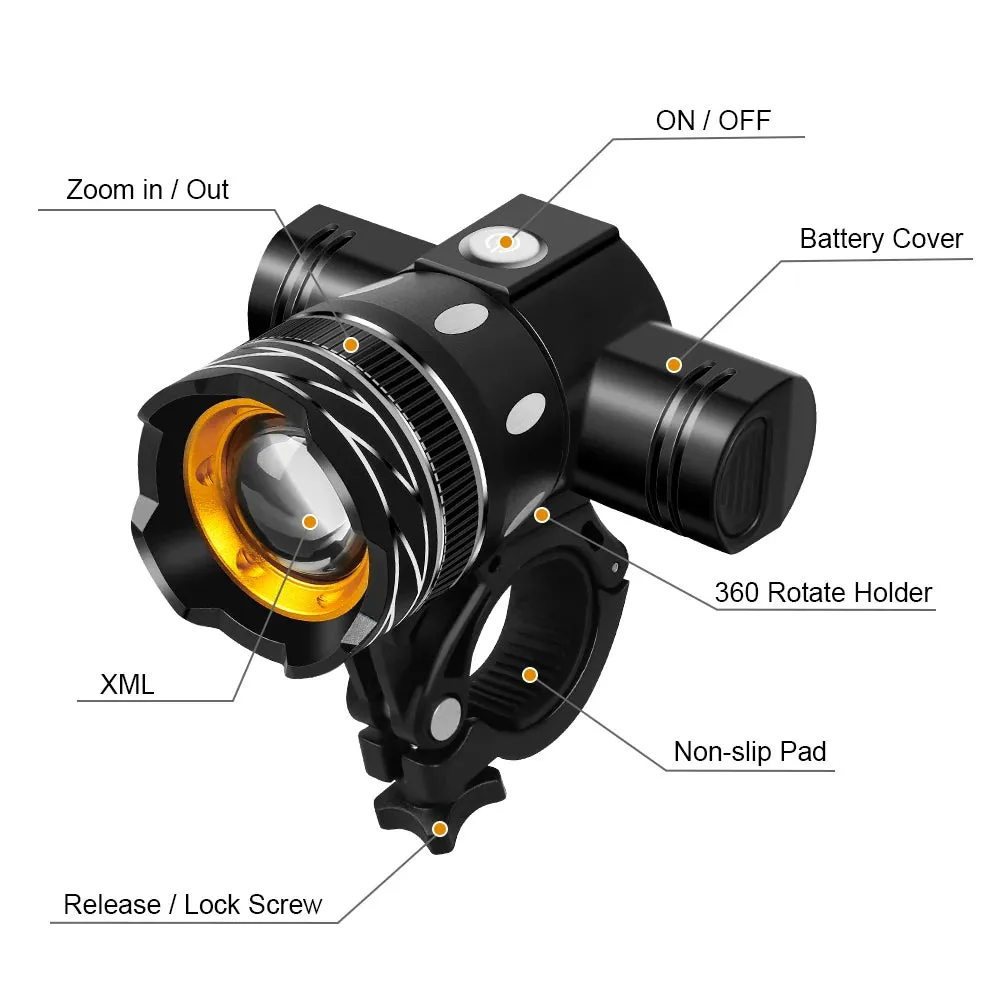 2400mAh USB Rechargeable LED Bicycle Front Light - Aluminum Alloy MTB Headlight and Taillight Lantern