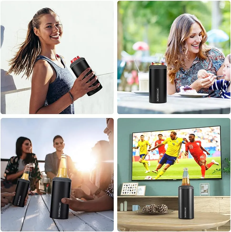 3 in 1 Slim Can Cooler for 12 OZ Skinny Can, Regular Can & Beer Bottle - Keep Cold for 6 Hours - Double Walled Insulated Stainless Steel Vacuum Beverage Can Insulator (Matte Black)