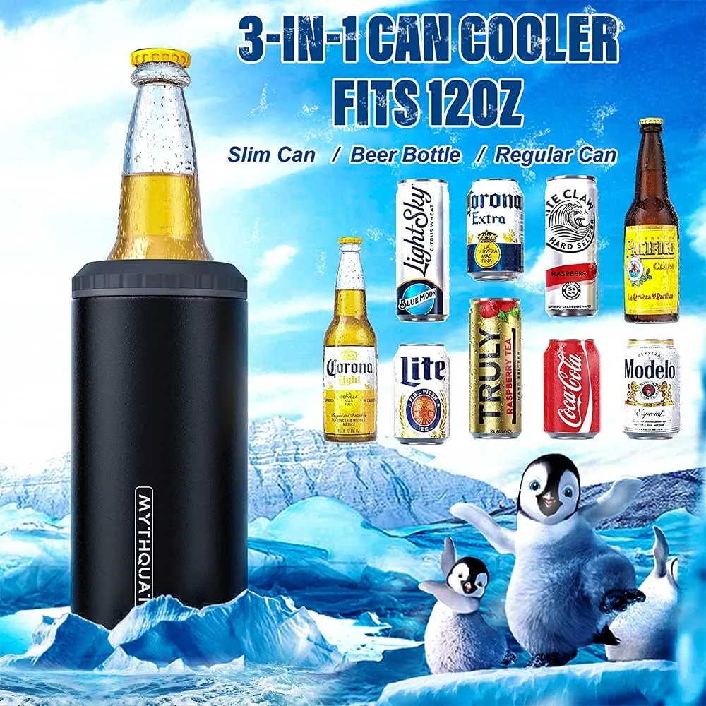 3 in 1 Slim Can Cooler for 12 OZ Skinny Can, Regular Can & Beer Bottle - Keep Cold for 6 Hours - Double Walled Insulated Stainless Steel Vacuum Beverage Can Insulator (Matte Black)