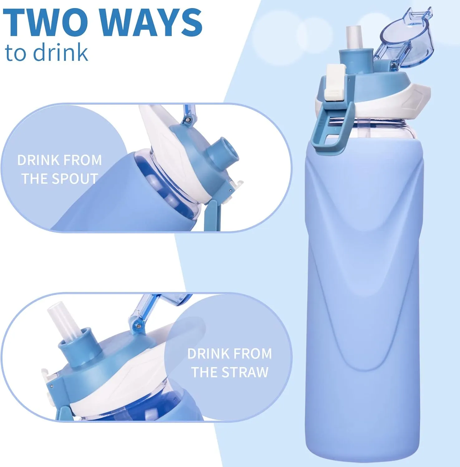32 oz Sports Glass Water Bottle with Straw & Silicone Sleeve Reusable BPA-free Borosilicate Glass Drinking Bottle with Flip Top Lid & Handle Wide Mouth (Sky Blue)