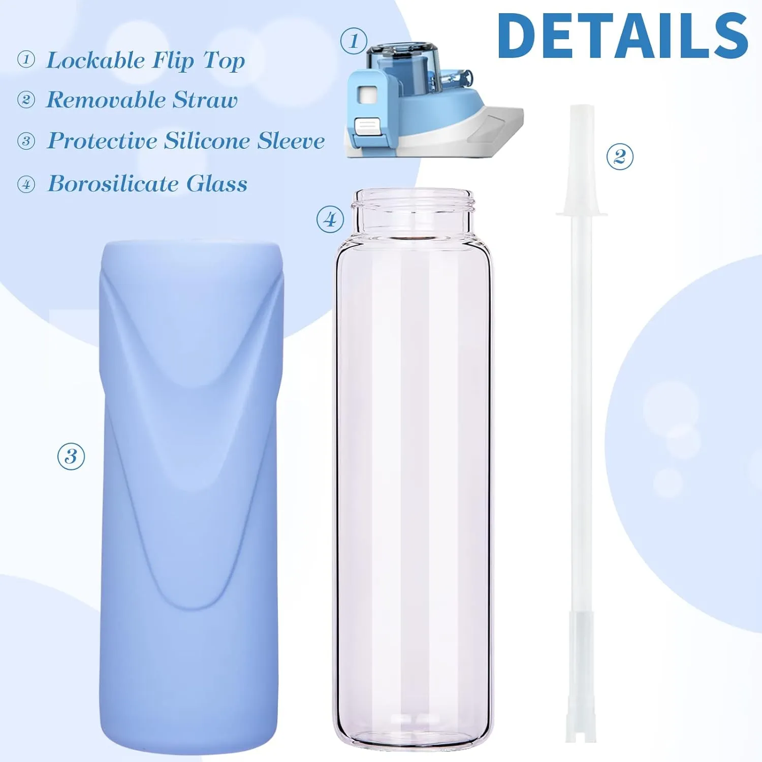 32 oz Sports Glass Water Bottle with Straw & Silicone Sleeve Reusable BPA-free Borosilicate Glass Drinking Bottle with Flip Top Lid & Handle Wide Mouth (Sky Blue)