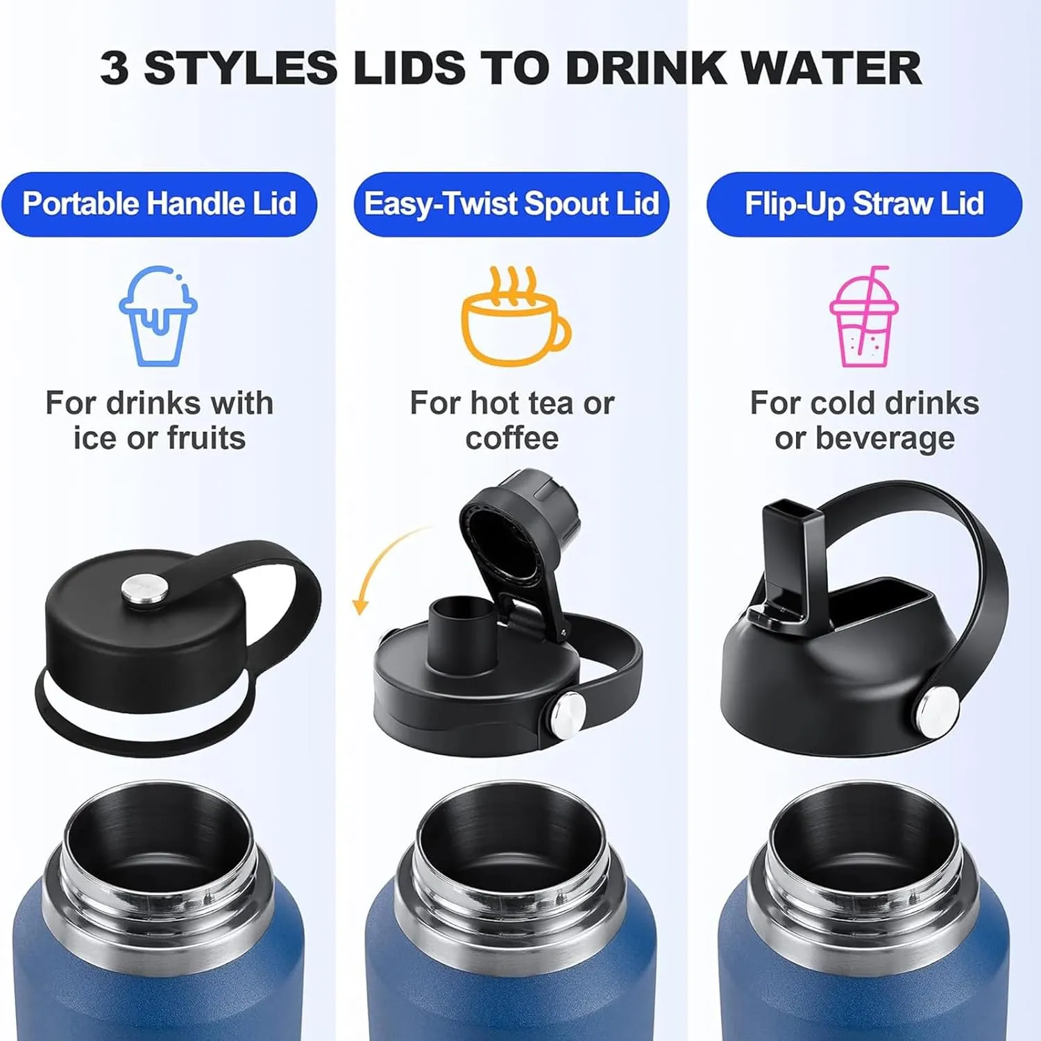 32 oz Stainless Steel Water Bottle with Straw Lid, Black Vacuum Insulated Kids Water Bottle, Double Walled Wide Mouth Sweat Proof Sports Water Bottle, Cold Hot, Thermo Mug