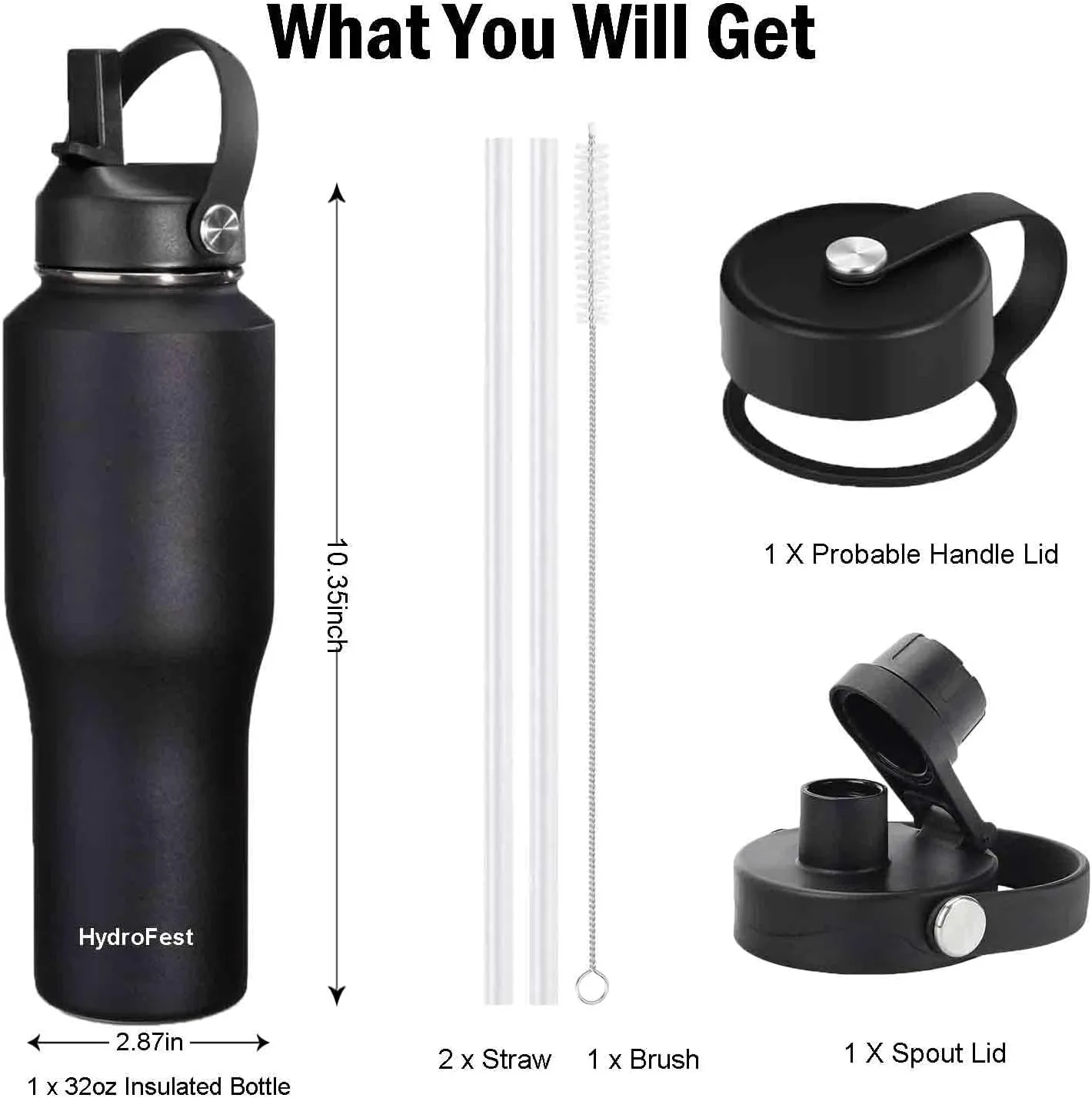32 oz Stainless Steel Water Bottle with Straw Lid, Black Vacuum Insulated Kids Water Bottle, Double Walled Wide Mouth Sweat Proof Sports Water Bottle, Cold Hot, Thermo Mug
