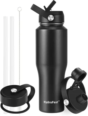 32 oz Stainless Steel Water Bottle with Straw Lid, Black Vacuum Insulated Kids Water Bottle, Double Walled Wide Mouth Sweat Proof Sports Water Bottle, Cold Hot, Thermo Mug