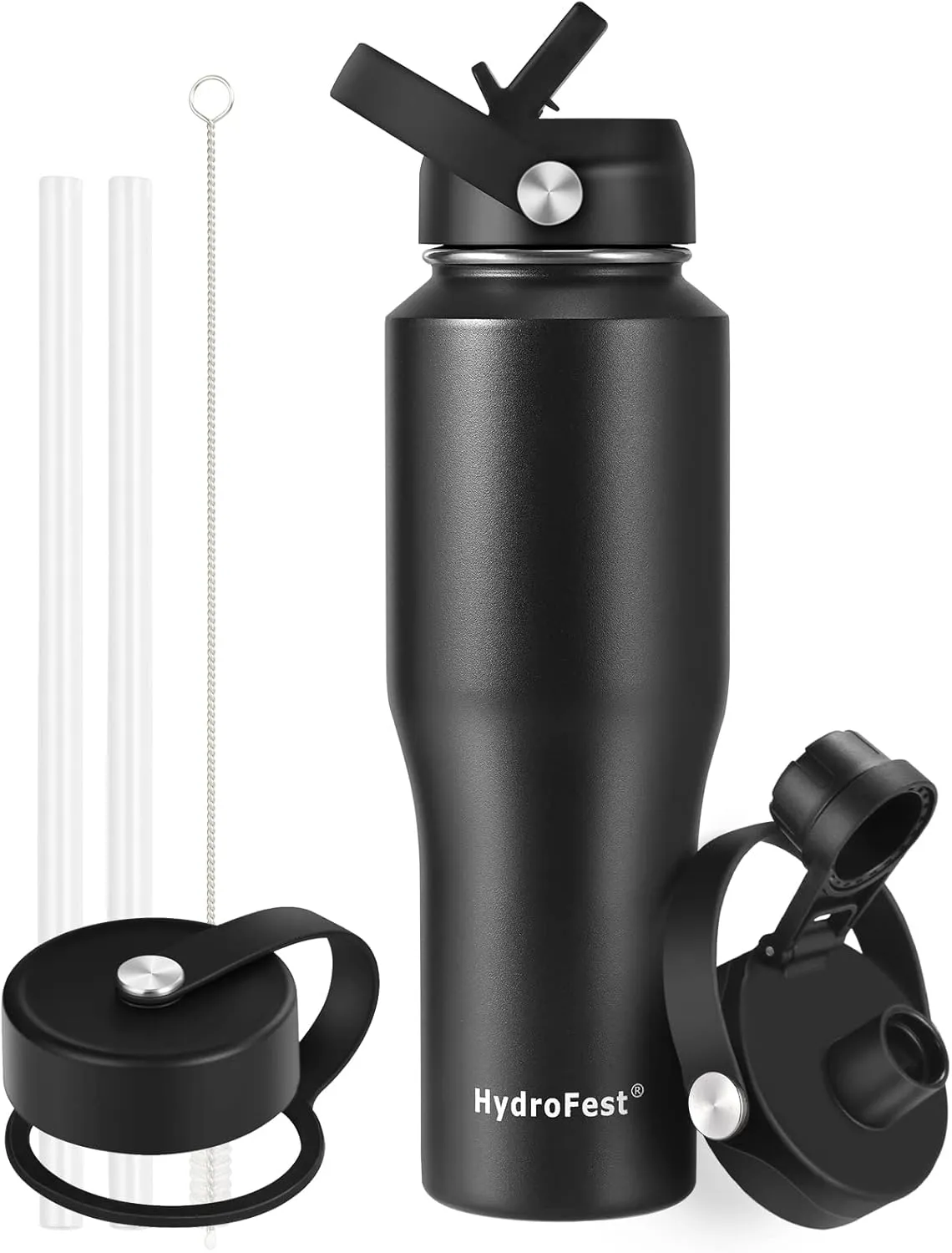 32 oz Stainless Steel Water Bottle with Straw Lid, Black Vacuum Insulated Kids Water Bottle, Double Walled Wide Mouth Sweat Proof Sports Water Bottle, Cold Hot, Thermo Mug