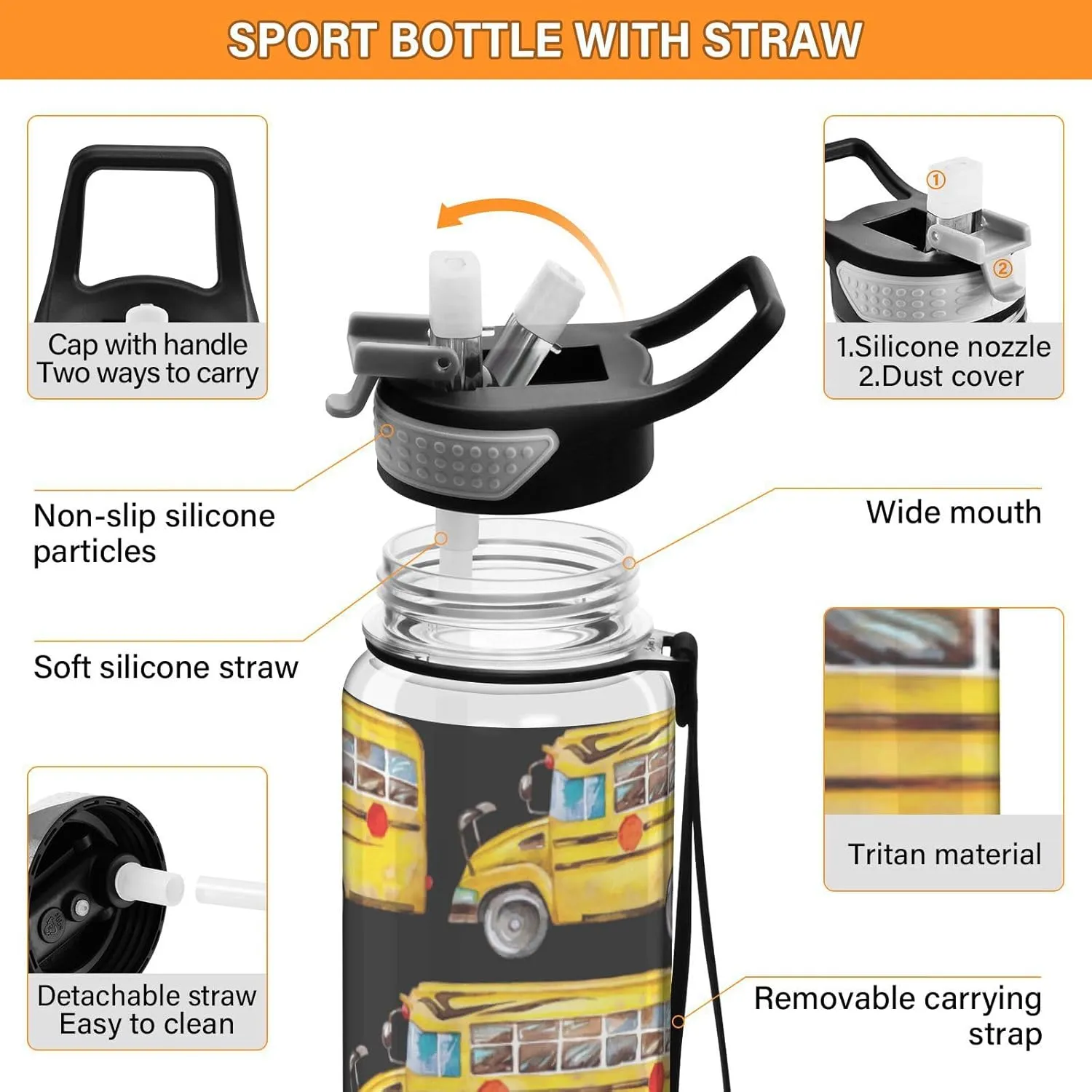 32 oz Water Bottle with Straw Lid Yellow School Bus Black Leakproof BPA Free Tritan Water Jug with Carrying Strap for Women Men Hand Painted Sports Bottles for Gym Fitness Outdoor