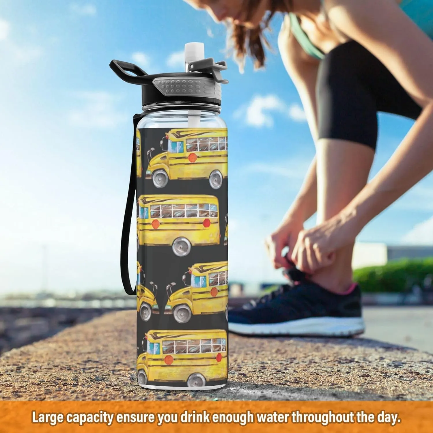 32 oz Water Bottle with Straw Lid Yellow School Bus Black Leakproof BPA Free Tritan Water Jug with Carrying Strap for Women Men Hand Painted Sports Bottles for Gym Fitness Outdoor