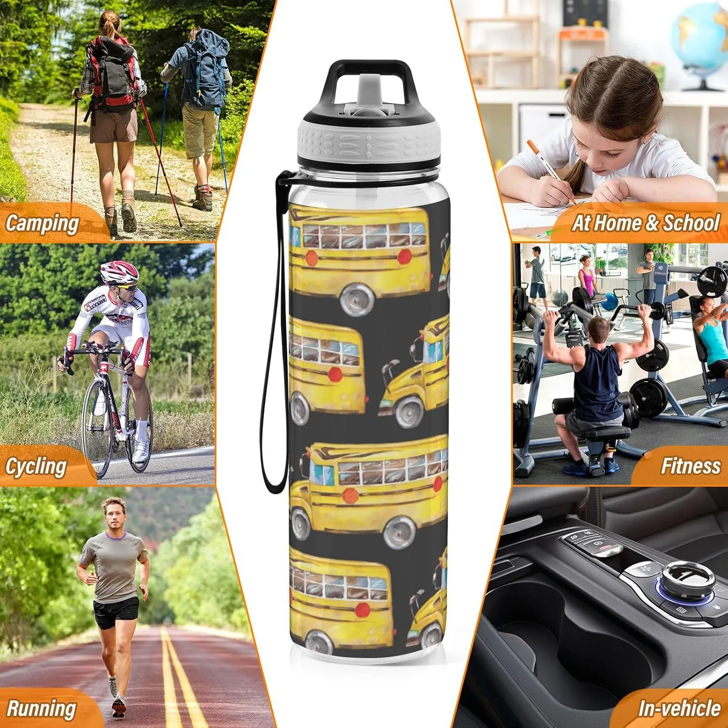 32 oz Water Bottle with Straw Lid Yellow School Bus Black Leakproof BPA Free Tritan Water Jug with Carrying Strap for Women Men Hand Painted Sports Bottles for Gym Fitness Outdoor