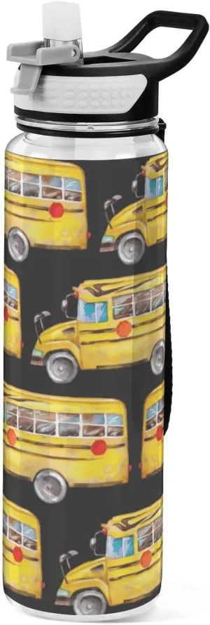 32 oz Water Bottle with Straw Lid Yellow School Bus Black Leakproof BPA Free Tritan Water Jug with Carrying Strap for Women Men Hand Painted Sports Bottles for Gym Fitness Outdoor