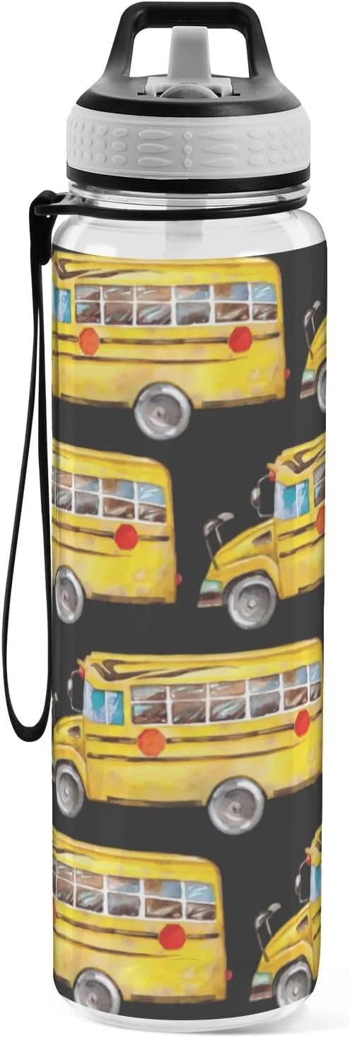 32 oz Water Bottle with Straw Lid Yellow School Bus Black Leakproof BPA Free Tritan Water Jug with Carrying Strap for Women Men Hand Painted Sports Bottles for Gym Fitness Outdoor