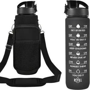 32 oz Water Bottles with Straw & Strap, Motivational Water Bottles with Times to Drink, BPA Free Reusable Sports Water Bottle with Sleeve Carrier for Hiking, Travel, Running or Fitness