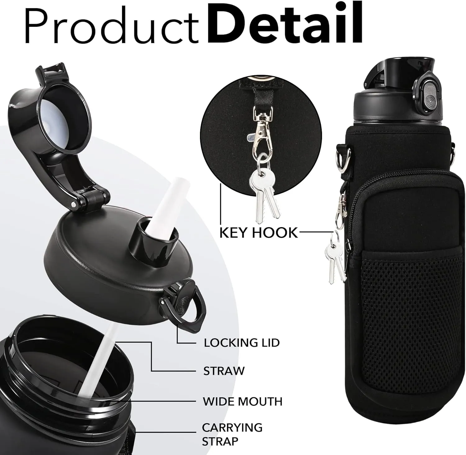 32 oz Water Bottles with Straw & Strap, Motivational Water Bottles with Times to Drink, BPA Free Reusable Sports Water Bottle with Sleeve Carrier for Hiking, Travel, Running or Fitness