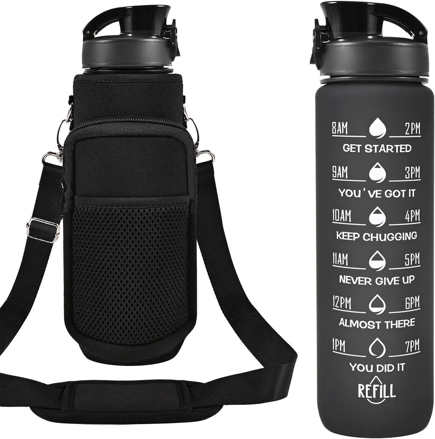 32 oz Water Bottles with Straw & Strap, Motivational Water Bottles with Times to Drink, BPA Free Reusable Sports Water Bottle with Sleeve Carrier for Hiking, Travel, Running or Fitness