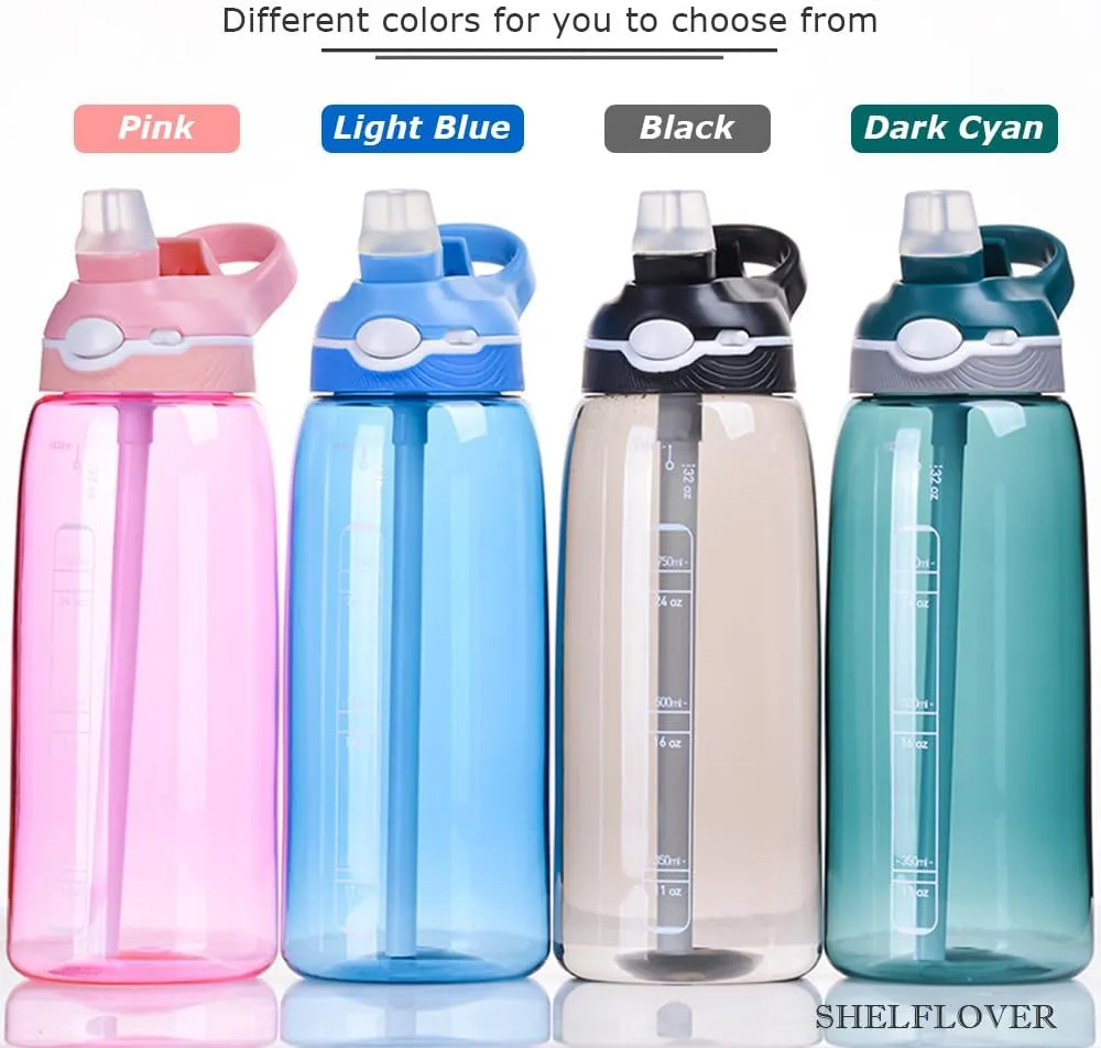 32oz Black Water Bottle With Straw, BPA FREE Clear Bottle With Handle One Hand Use Easy Carried, Flip Up, Suit School, Office, Gym, Office For Women Men